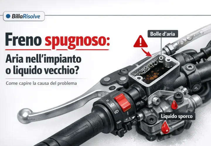 Manubrio moto con serbatoio freno aperto, mostra bolle d'aria e liquido sporco. Guida su come fare lo spurgo dei freni.