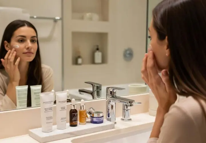 Une femme applique une crème sur son visage, devant un miroir reflétant sa routine soins visage avec plusieurs produits de beauté.