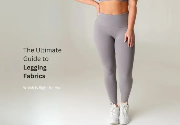 A woman models grey leggings, showcasing the ultimate guide to legging fabrics and what material are leggings made of for your perfect fit.