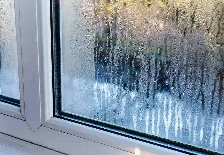 Gouttes d'eau ruisselant sur une fenêtre, signe de condensation. La lumière du jour filtre à travers les gouttelettes.
