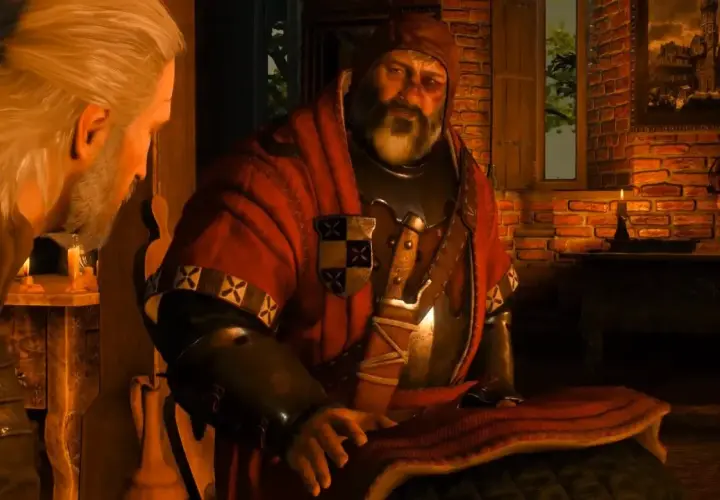 Geralt rozmawia z grubym mężczyzną w czerwonej szacie. To trudne wiedźmin 3 sprawy rodzinne.