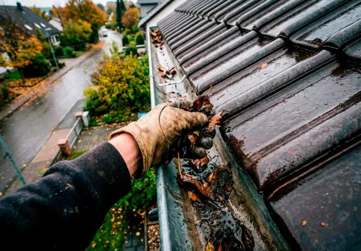 Mit Handschuhen Laub aus der verstopften Dachrinne entfernen. Ein guter Grund, einen Dachrinnenreiniger selber bauen zu wollen.
