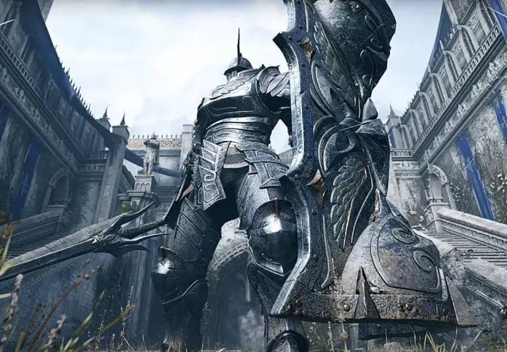 Rycerz w lśniącej zbroi, gotowy do walki w świecie Demon's Souls Remake PC. Potężna tarcza i miecz czekają na wyzwania.