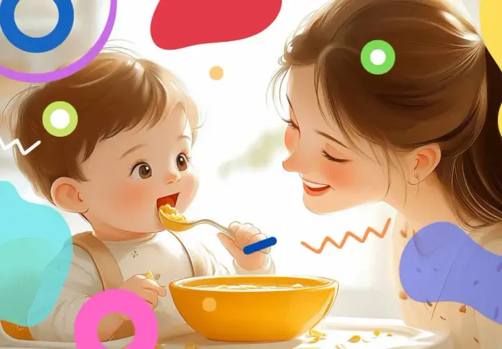 Mamma sorridente mentre dà la prima pappa svezzamento al suo bambino felice, con una ciotola gialla piena di cibo.
