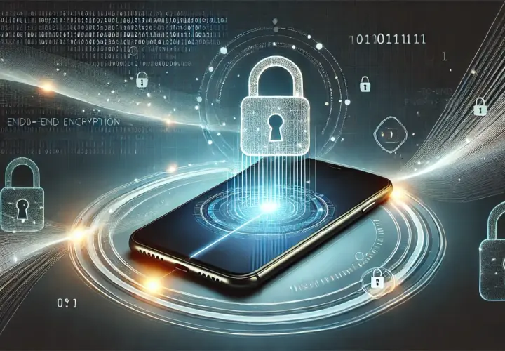 Telefon z symbolami kłódki i tekstem "END-TO-END ENCRYPTION" w cyfrowym świecie.