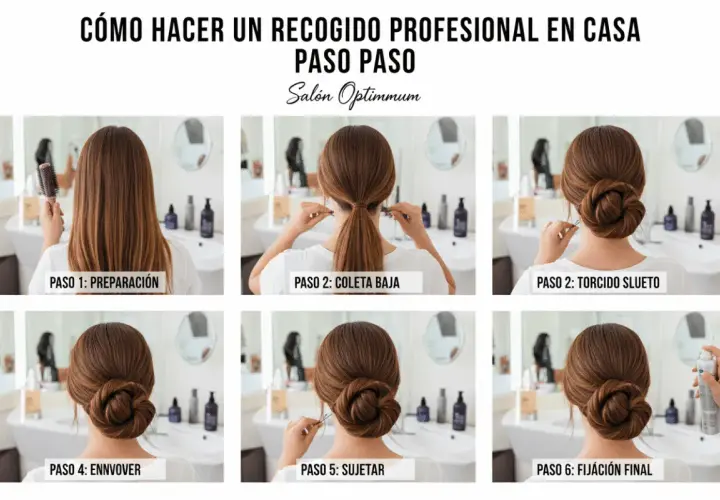 Tutorial paso a paso para crear un moño bajo elegante. Se muestra la preparación, coleta, torcido, envolver, sujetar y fijación final.