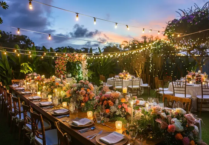 Magnifique table dressée pour un cocktail de mariage en extérieur, illuminée par des guirlandes lumineuses et des bougies.