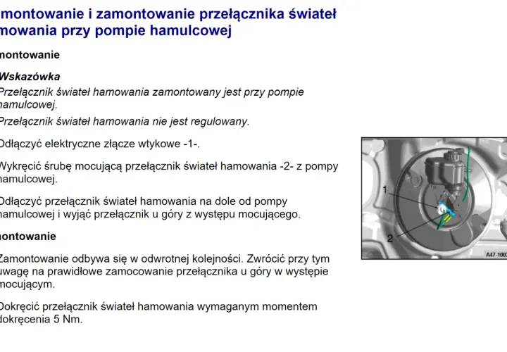 Przełącznik świateł hamowania Audi przy pompie hamulcowej, z numerami 1 i 2.
