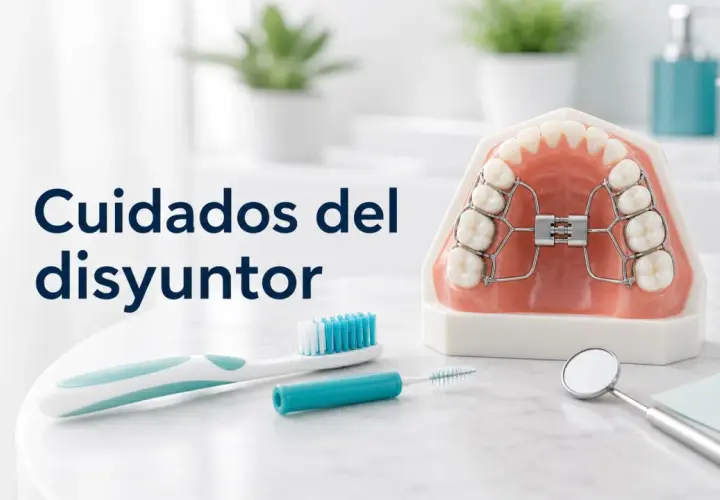 Modelo dental con aparato de ortodoncia, cepillo y limpiador interdental. Cuidados del disyuntor superior.