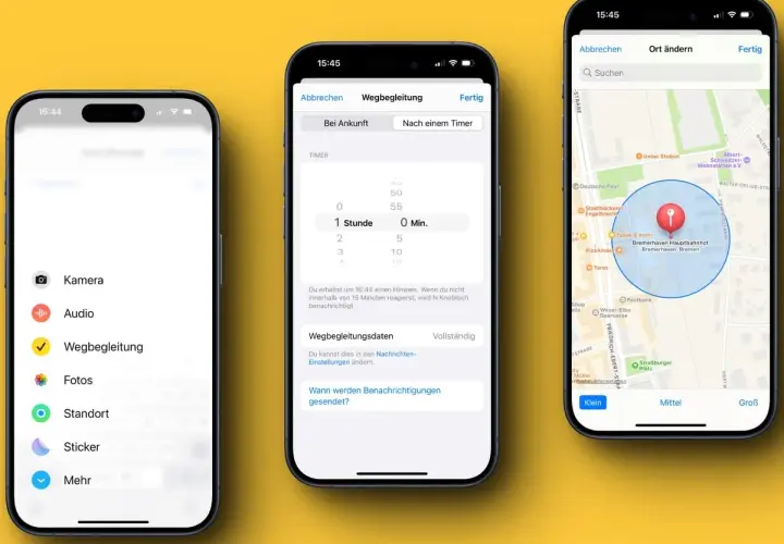 Drei iPhones zeigen die Funktion "Wegbegleitung". Ein iPhone zeigt die Einstellungen für die Wegbegleitung, ein anderes die Karte mit einem Standort und ein drittes die Optionen für die Benachrichtigungen.