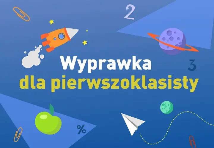 Wyprawka dla pierwszoklasisty: rakieta, jabłko, samolot i kosmiczne motywy.
