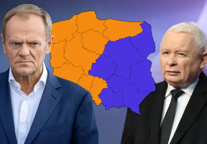 Donald Tusk i Jarosław Kaczyński na tle mapy Polski. Czy koalicja 15 października planuje wspólny start w wyborach lokalnych?