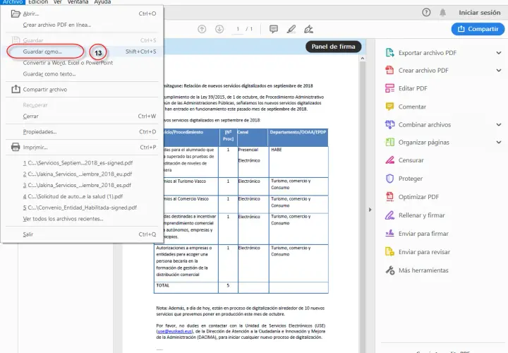 Menú "Archivo" abierto, mostrando la opción "Guardar como..." para la firma electrónica de documentos.