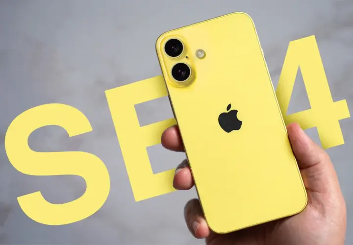 Żółty iPhone SE 4 w dłoni, obok wielkich liter "SE" i cyfry "4".