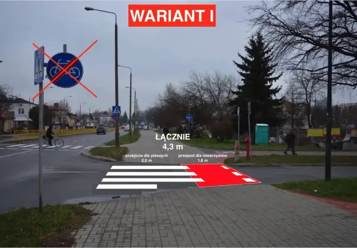 Pasy na ścieżce rowerowej i przejściu dla pieszych. Wariant I pokazuje połączone przejście dla pieszych (2,5 m) i przejazd dla rowerzystów (1,8 m).