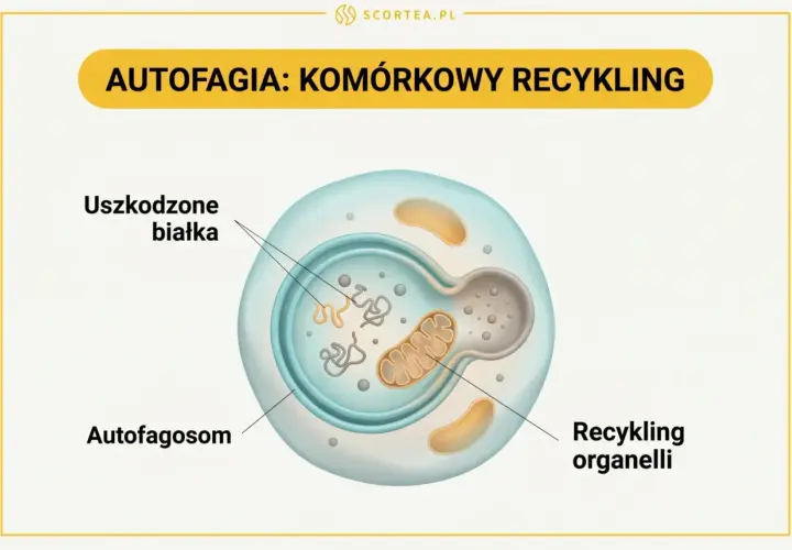 Autofagia: komórkowy recykling. Ilustracja pokazuje, jak autofagosom otacza uszkodzone białka i organelle, przygotowując je do recyklingu w komórce.