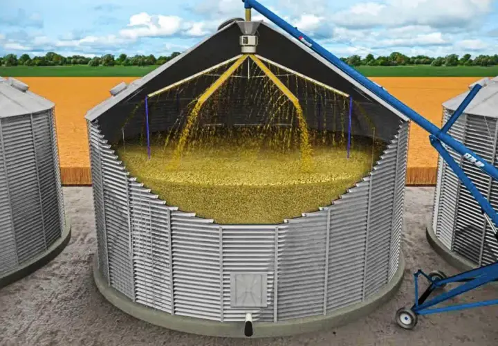 Ein **Silo** ist ein großer Speicher für Getreide. Hier wird Korn per Förderband in das offene Silo geschüttet.