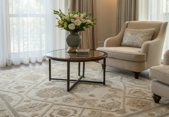 A light-colored rug with a detailed pattern, showcasing the best material for rugs, anchors a cozy living room with two armchairs and a coffee table.