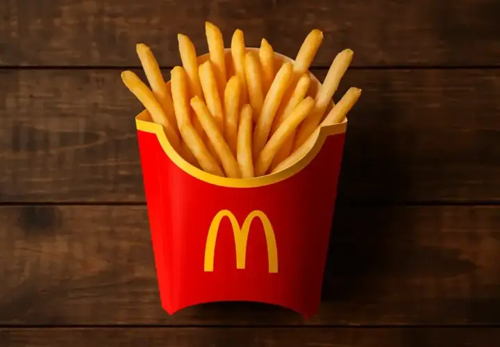 Złociste, chrupiące frytki McDonald's w czerwonym opakowaniu z logo, gotowe do schrupania na drewnianym tle.