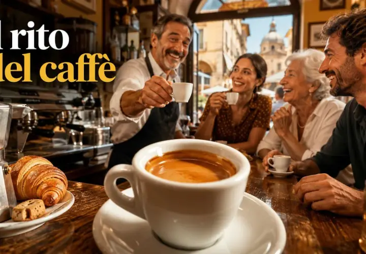 Un barista serve un espresso a un gruppo di amici in un bar. Il rito del caffè italiano, con croissant e biscotti, unisce le persone.