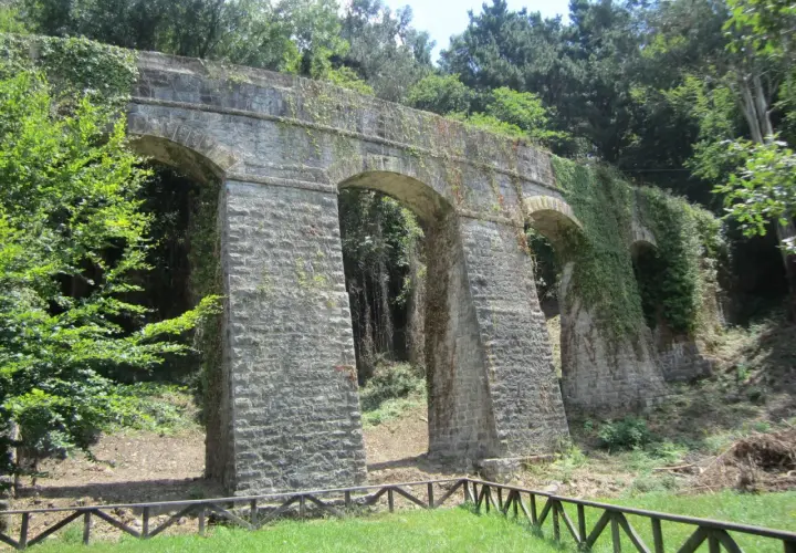 Antiguo acueducto de piedra cubierto de vegetación, con arcos y pilares robustos. Un camino verde pasa bajo su sombra.