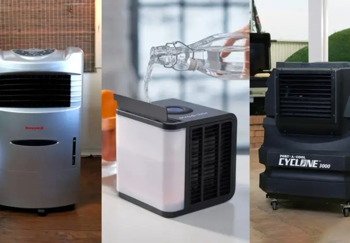 Tres enfriadoras de agua de diferentes tamaños: Honeywell, Evapolar y Port-A-Cool Cyclone 3000.
