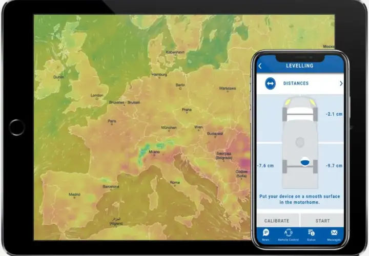 Aplikacja dla kamperów pokazuje poziomowanie pojazdu na ekranie smartfona, obok mapy Europy.