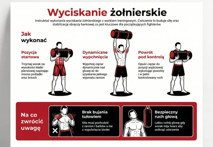 Instrukcja wyciskania żołnierskiego z workiem treningowym. Ćwiczenie buduje siłę i stabilizację obręczy barkowej, kluczowe dla fighterów, uwzględniając kategorie wagowe boks.