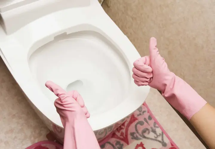 Ręce w różowych rękawiczkach pokazują kciuk w górę i wskazują na toaletę. Proste wskazówki, jak odetkać toaletę, gdy masz problem.