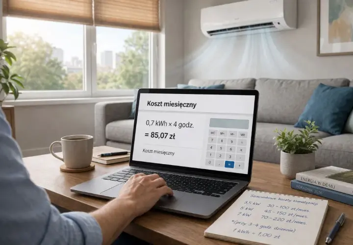 Klimatyzacja 5 kW zużywa 0,7 kWh na godzinę. Kalkulator na laptopie pokazuje miesięczny koszt 85,07 zł.