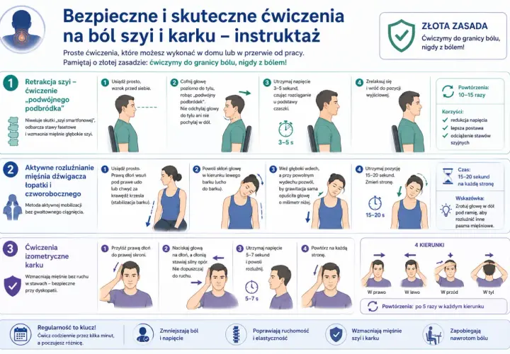 Instruktaż ćwiczeń na szyję i kark: ćwiczenia na szyję poprawiają postawę, redukują napięcie i zapobiegają bólowi.