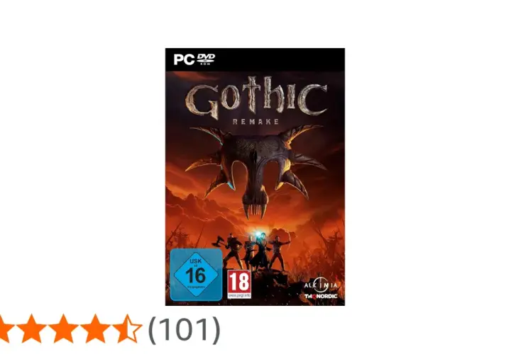Cover des Spiels "Gothic 1 Remake" mit einer düsteren Fantasy-Szene und Helden im Kampf gegen eine monströse Kreatur.