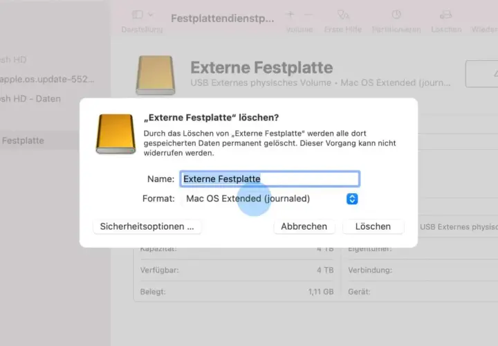 Dialog zum Löschen einer externen Festplatte auf dem Mac. Hier wird die externe Festplatte formatiert.