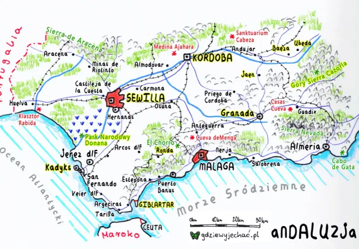 Mapa Andaluzji, gdzie leży Malaga, pokazuje miasta takie jak Sewilla, Kordoba, Grenada i Almeria, a także wybrzeże Morza Śródziemnego.