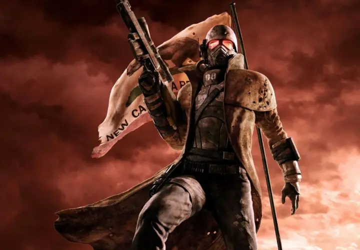 Żołnierz w masce i płaszczu z flagą New California Republic. Szukasz fallout new vegas kody?