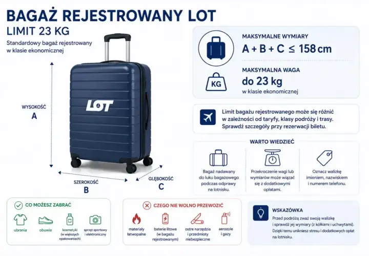 Bagaż rejestrowany LOT: limit 23 kg, wymiary A+B+C ≤ 158 cm. Dowiedz się, ile kosztuje bagaż rejestrowany i co można zabrać.