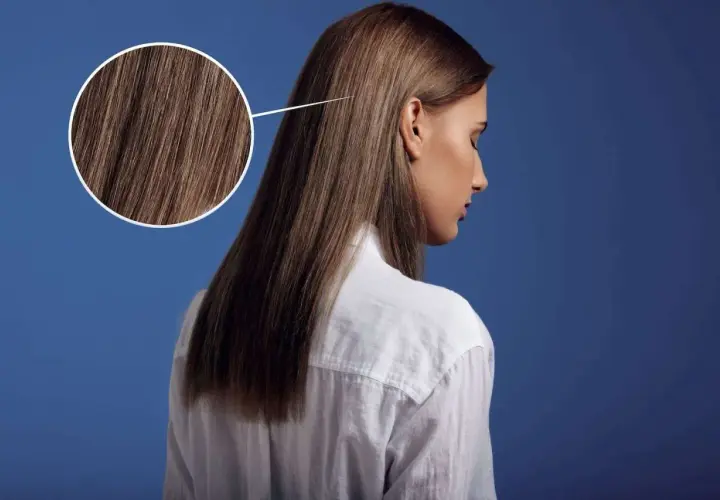 Primer plano de un cabello castaño sedoso, con un círculo que amplía los detalles. Parece que el pelo está en pausa, esperando un nuevo estilo.