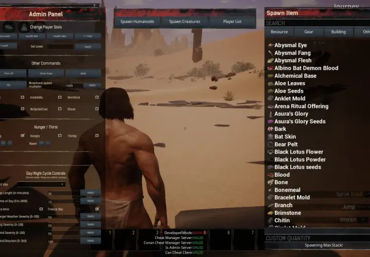 Panel administrator w Conan Exiles z opcjami zmiany statystyk, sterowania pogodą i przedmiotami do przywołania.