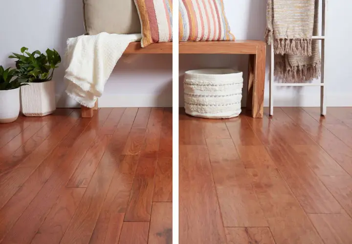 A split image showcasing the rich grain of solid wood flooring on the left, contrasted with the uniform appearance of manufactured wood flooring on the right.