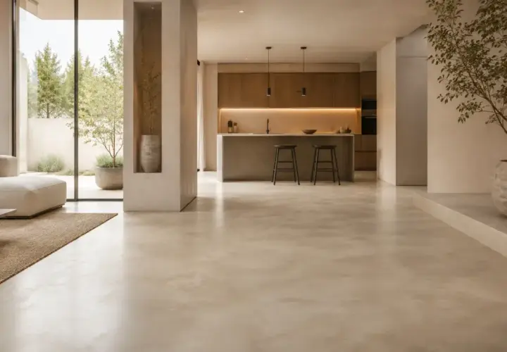 Ampio soggiorno con cucina moderna e un elegante pavimento veneziano.