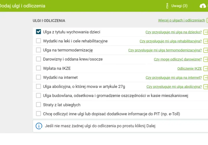 Formularz PIT: zaznaczona ulga na dziecko, dostępne opcje ulg i odliczeń, w tym ulgi na dziecko z orzeczeniem o niepełnosprawności.