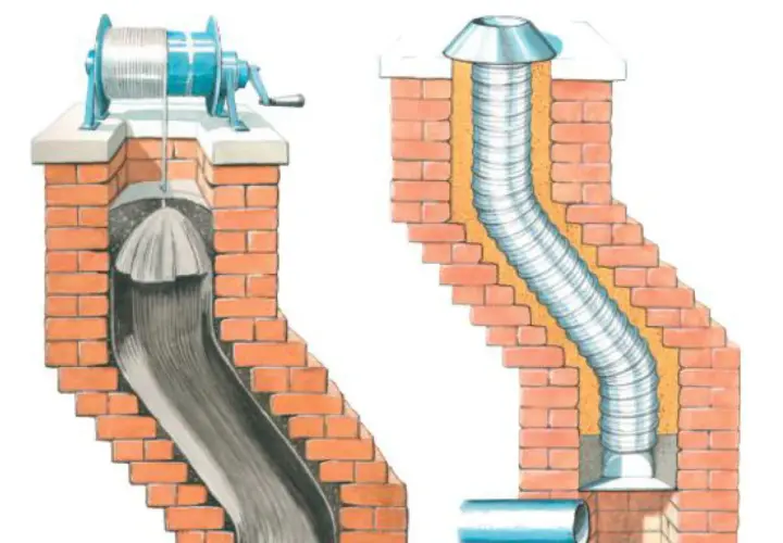 Illustration visar hur man glidgjuter en skorsten med en vinsch och en duk, samt en färdig glidgjuten skorsten med rör.