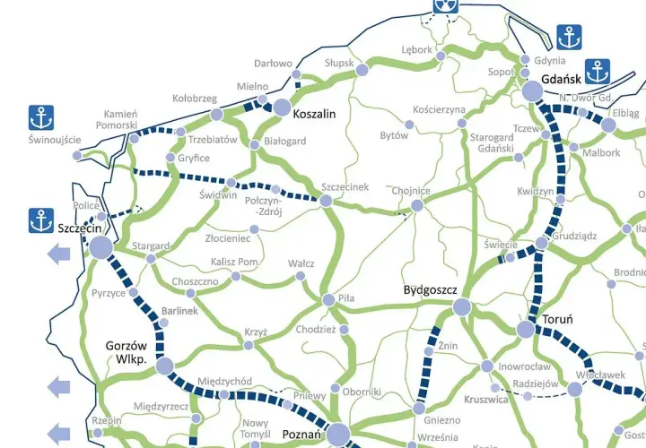 Mapa drogowa Polski z zaznaczonymi trasami. Widoczne miasta to m.in. Poznań, Piła, Szczecin, Gdańsk.