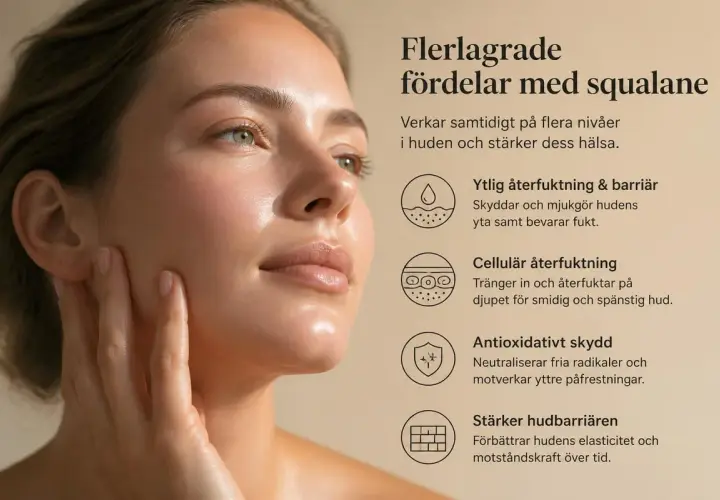 Kvinnas ansikte med strålande hud. Texten lyfter fram fördelarna med squalane, som återfuktar och stärker huden. Squalane är inte farligt, utan en hudvänlig ingrediens.