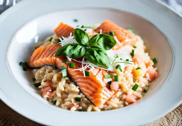 Un délicieux risotto saumon, garni de basilic frais et de ciboule ciselée. Une recette parfaite pour un repas savoureux.
