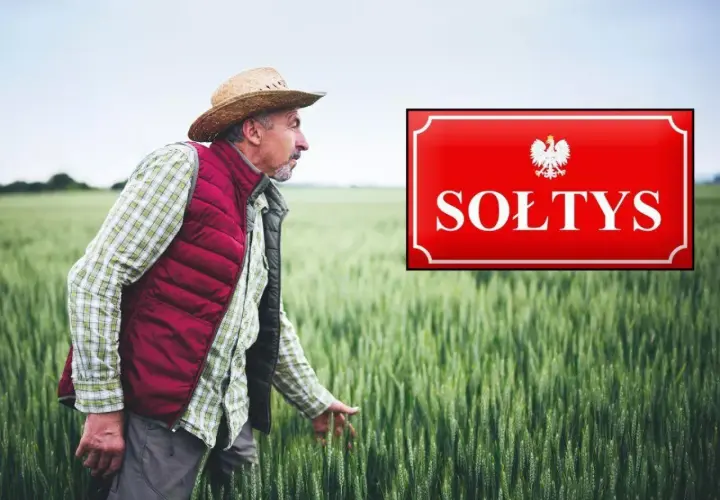 Sołtys w słomkowym kapeluszu i kamizelce przemierza pole zboża, obok tabliczka z godłem Polski i napisem "SOŁTYS".