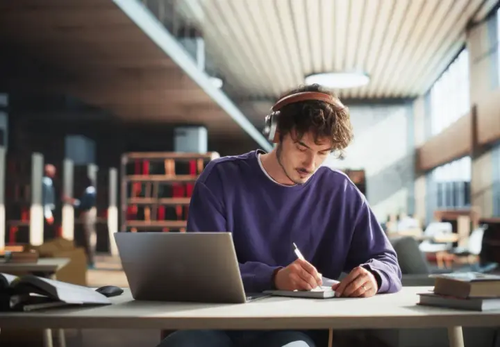 Ein junger Mann mit Kopfhörern lernt in einer Bibliothek. Er schreibt Notizen, während sein Laptop geöffnet ist. Perfekt für ein Teilzeitstudium.