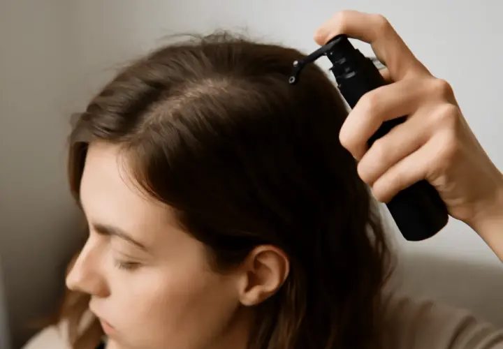 En hand applicerar serum i hårbotten för att motverka frissigt hår uppe på huvudet.