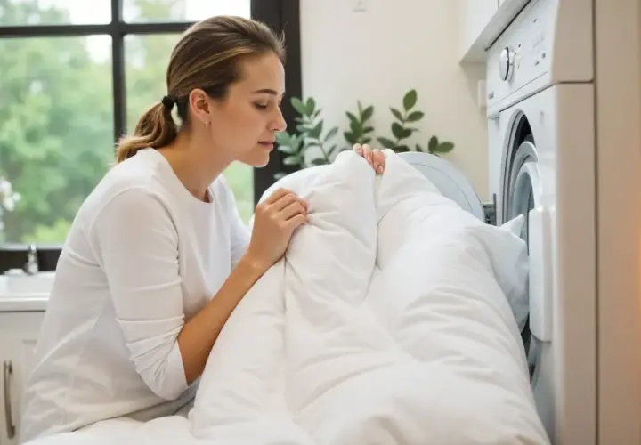 A woman is placing a white duvet into a washing machine, demonstrating how to wash duvet cover.
