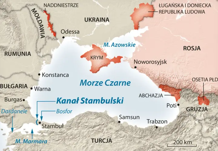 Mapa pokazuje, gdzie znajduje się Morze Czarne, otoczone przez Ukrainę, Rosję, Gruzję, Turcję, Bułgarię, Rumunię i Mołdawię.